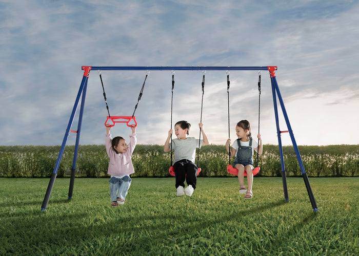 FunZone Outdoor Metal 3-Piece Swing Set - Includes 2 Swings and 1 Trapeze BarBlue and Red (1637)