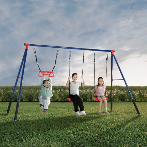 FunZone Outdoor Metal 3-Piece Swing Set - Includes 2 Swings and 1 Trapeze Bar