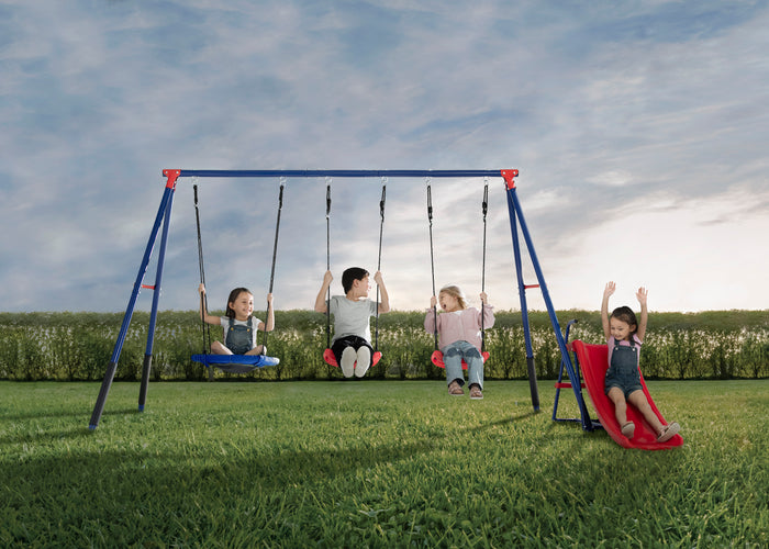 FunZone Outdoor Metal 4-Piece Swing Set - Includes 2 Swings, 1 Disc/Saucer Swing and SlideBlue and Red (1637)