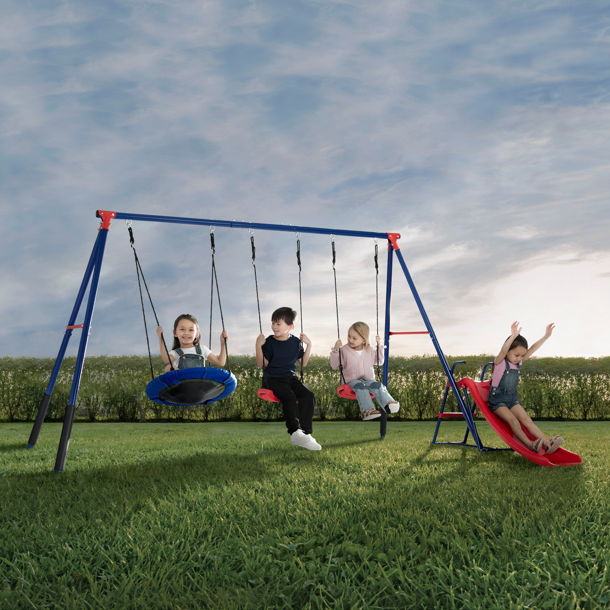 FunZone Outdoor Metal 4-Piece Swing Set - Includes 2 Swings, 1