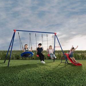 FunZone Outdoor Metal 4-Piece Swing Set - Includes 2 Swings, 1 Disc/Saucer Swing and Slide 4