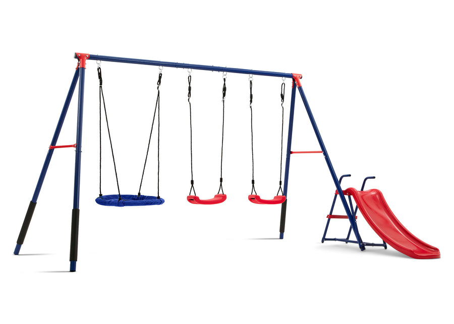 Blue and Red (1637) 4-FunZone Outdoor Metal 4-Piece Swing Set - Includes 2 Swings, 1 Disc/Saucer Swing and Slide
