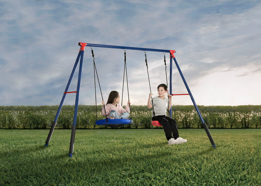 Blue and Red (1637) 2-FunZone Outdoor Metal 2-Piece Swing Set - Includes 1 Swing and 1 Disc/Saucer Swing