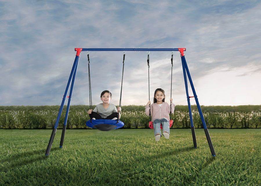 Blue and Red (1637) 1-FunZone Outdoor Metal 2-Piece Swing Set - Includes 1 Swing and 1 Disc/Saucer Swing
