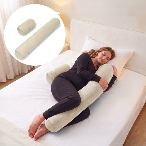 A woman lies on a bed using a large pink U-shaped body pillow for support. A circular inset at the top left shows the pillow folded flat against a plain background.