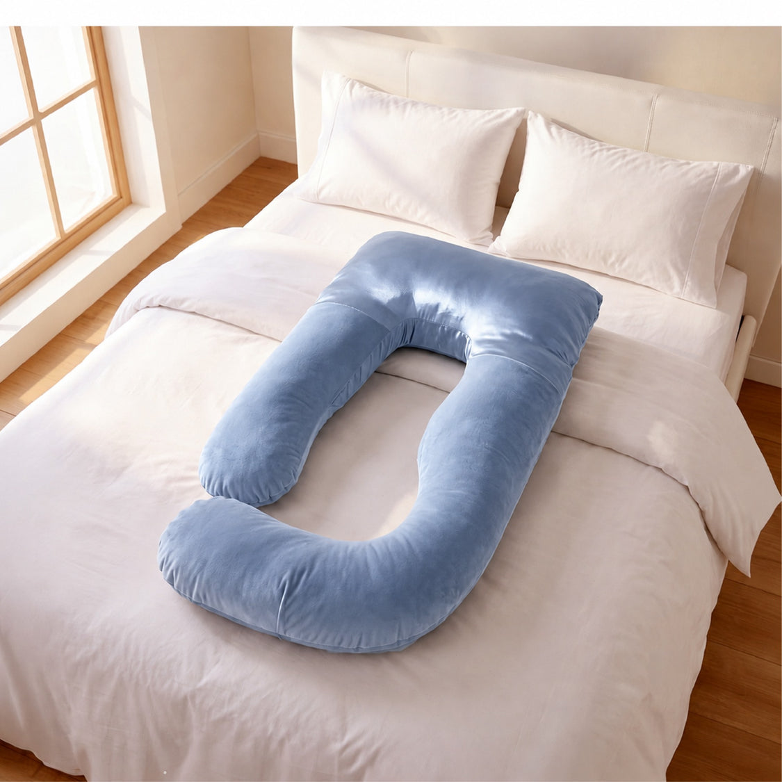 A light blue U-shaped body pillow resting on a neatly made bed with white linens and pillows in a bright bedroom.