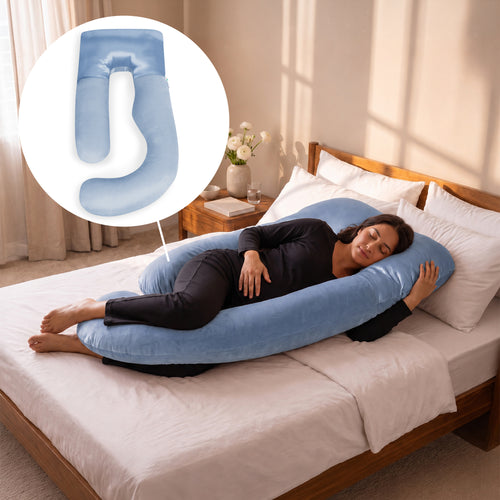 A woman lies on a bed using a light blue U-shaped body pillow for support, with a circular inset showing a close-up of the pillow's shape and texture.