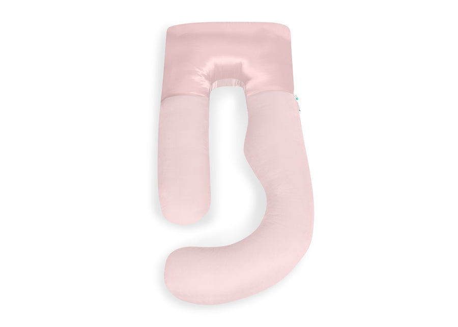 A light pink U-shaped nursing pillow with a satin finish, shown on a solid white background. 39-U-Shaped Pregnancy Pillow with Customizable Head Pillow