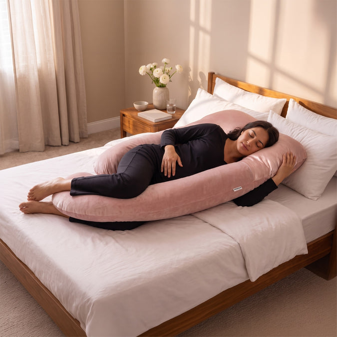 A woman lies on a large pink maternity support pillow on a bed with white linens, in a softly lit bedroom with a wooden headboard and bedside table. 40-U-Shaped Pregnancy Pillow with Customizable Head Pillow