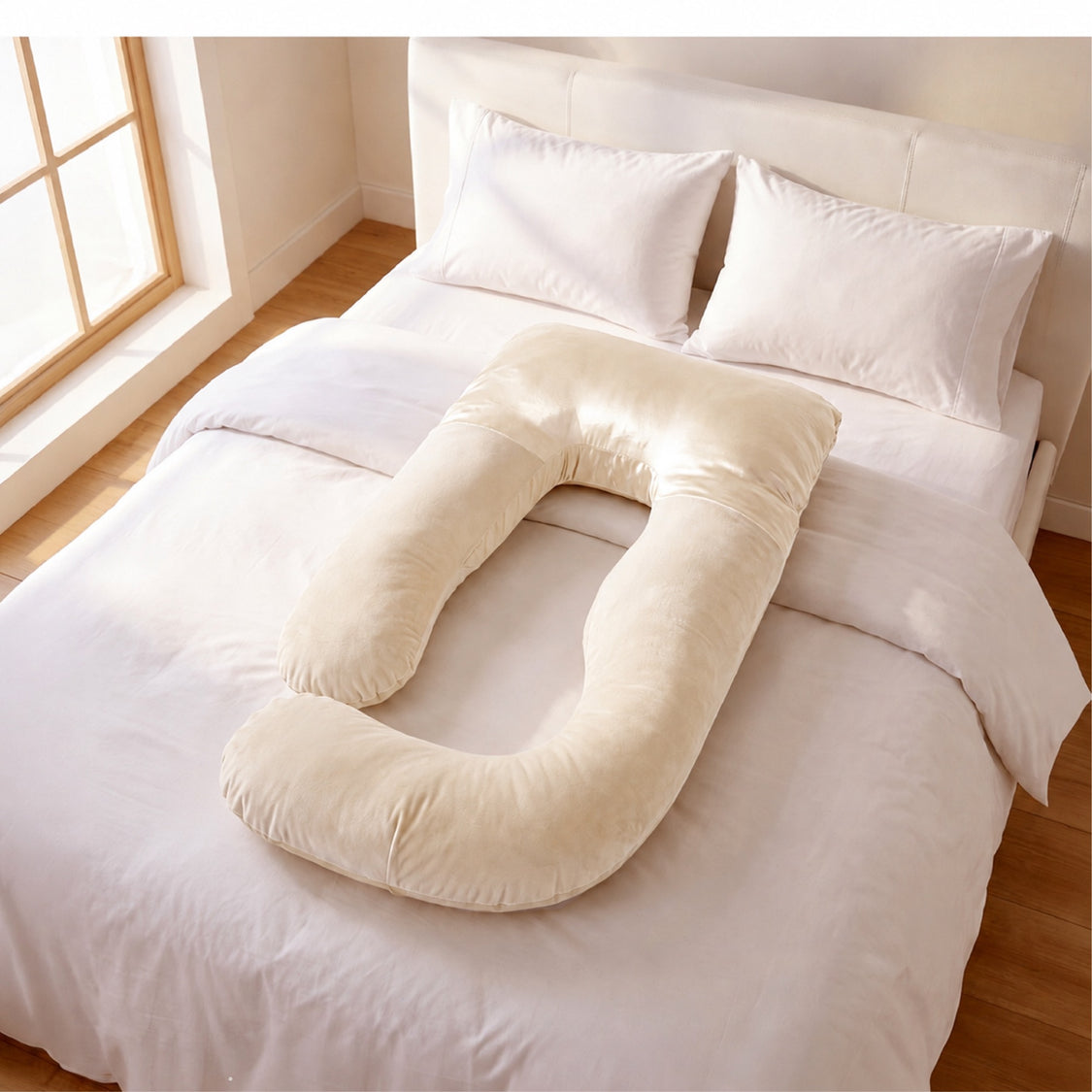 A cream-colored U-shaped nursing pillow resting on a neatly made bed with white sheets and pillows in a bright bedroom.