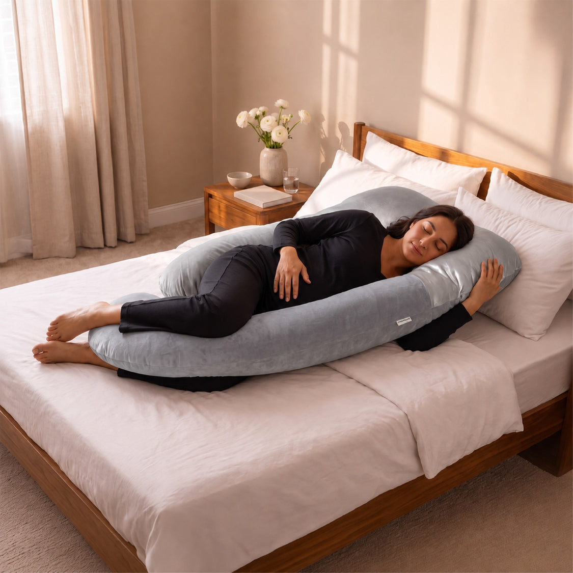 A woman lies on a large light gray U-shaped maternity support pillow on a bed with white linens and a wooden headboard in a softly lit bedroom.