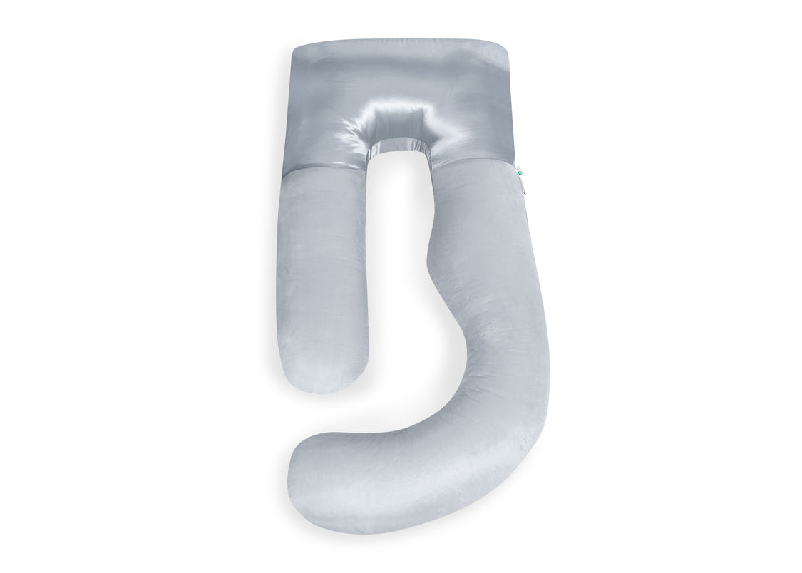 A silver U-shaped baby support pillow with a plush, soft texture, shown on a clean white background.