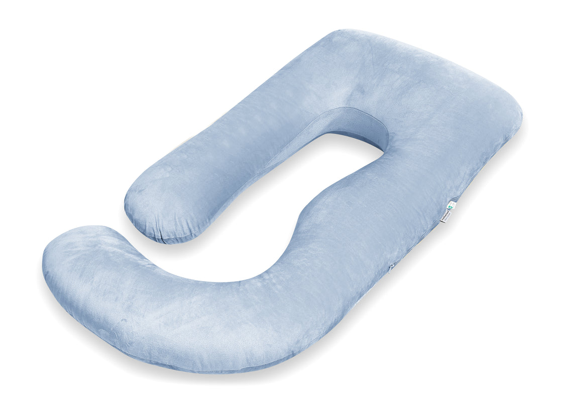 A light blue U-shaped nursing pillow with a plush, velvety texture, shown on a clean white background.