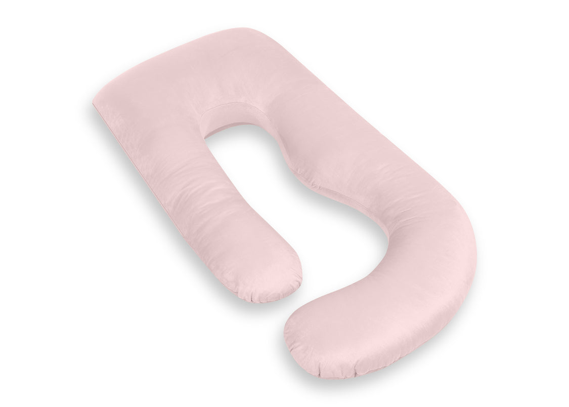 A light pink U-shaped nursing pillow with a soft, padded texture, shown on a clean white background.