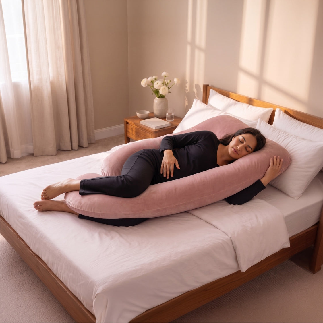 A woman lies on a pink U-shaped pregnancy support pillow on a bed with white linens in a softly lit bedroom.