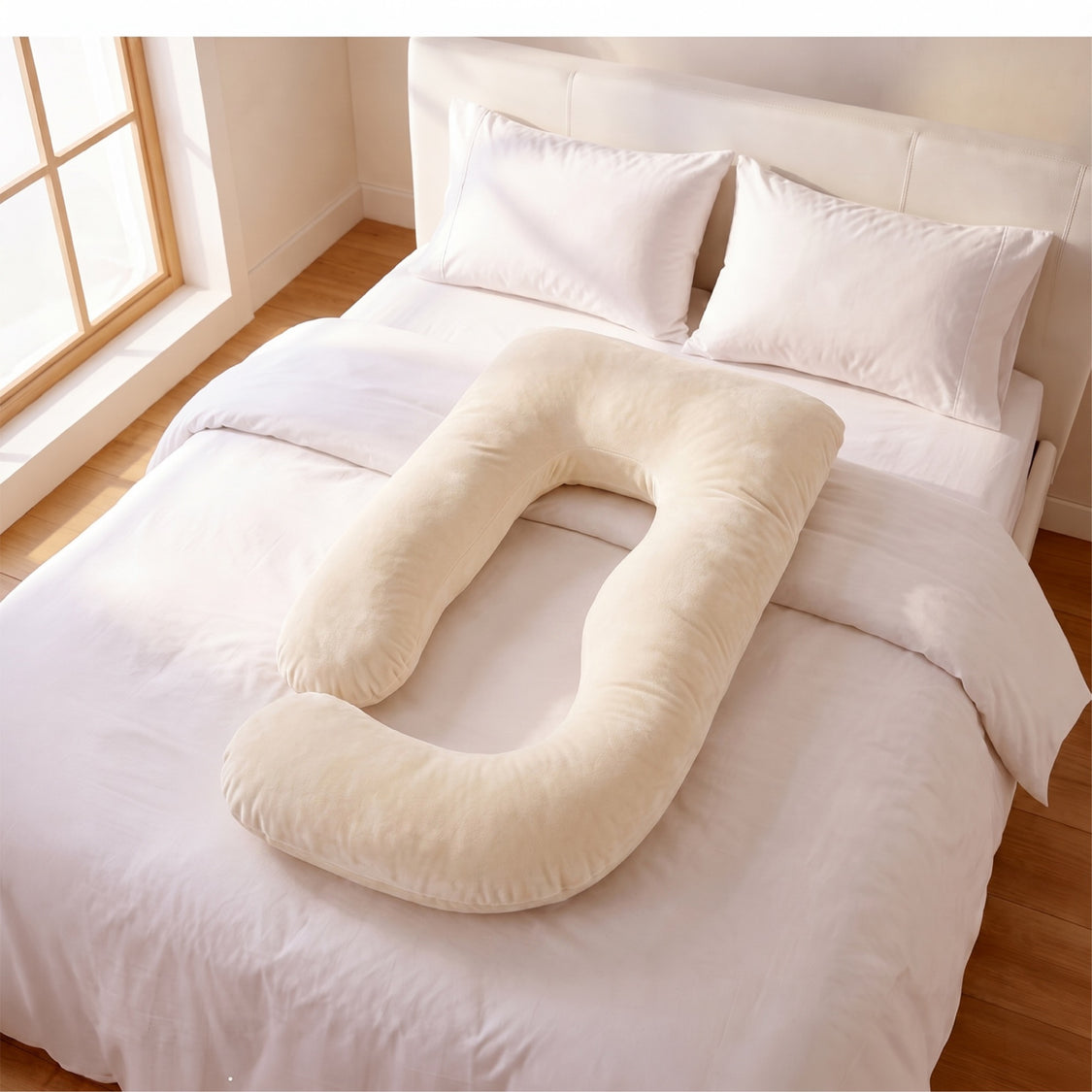 A cream-colored U-shaped body pillow resting on a neatly made bed with white sheets and pillows in a bright bedroom.