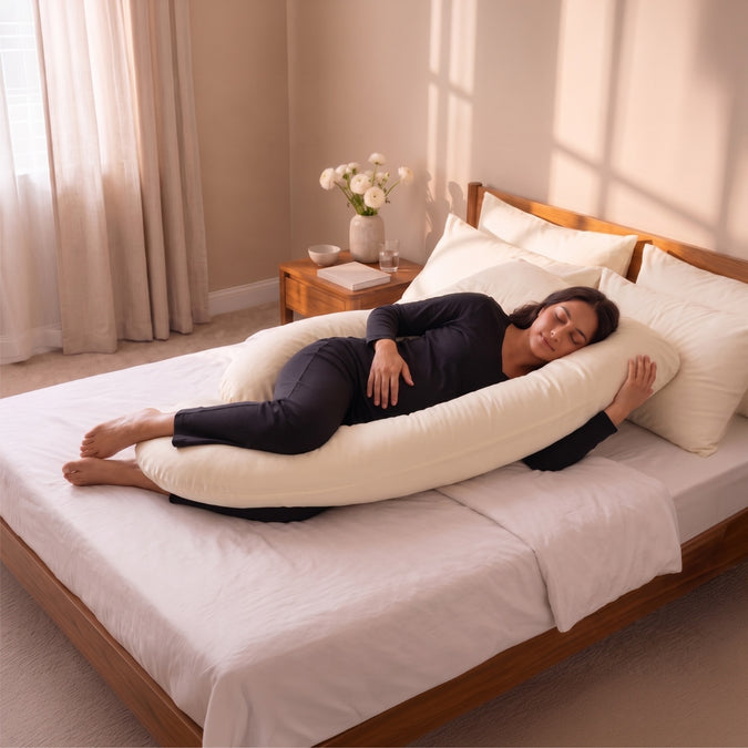 A woman lies on a large cream maternity support pillow on a neatly made bed in a warm, softly lit bedroom. 47-U-Shaped Pregnancy Pillow