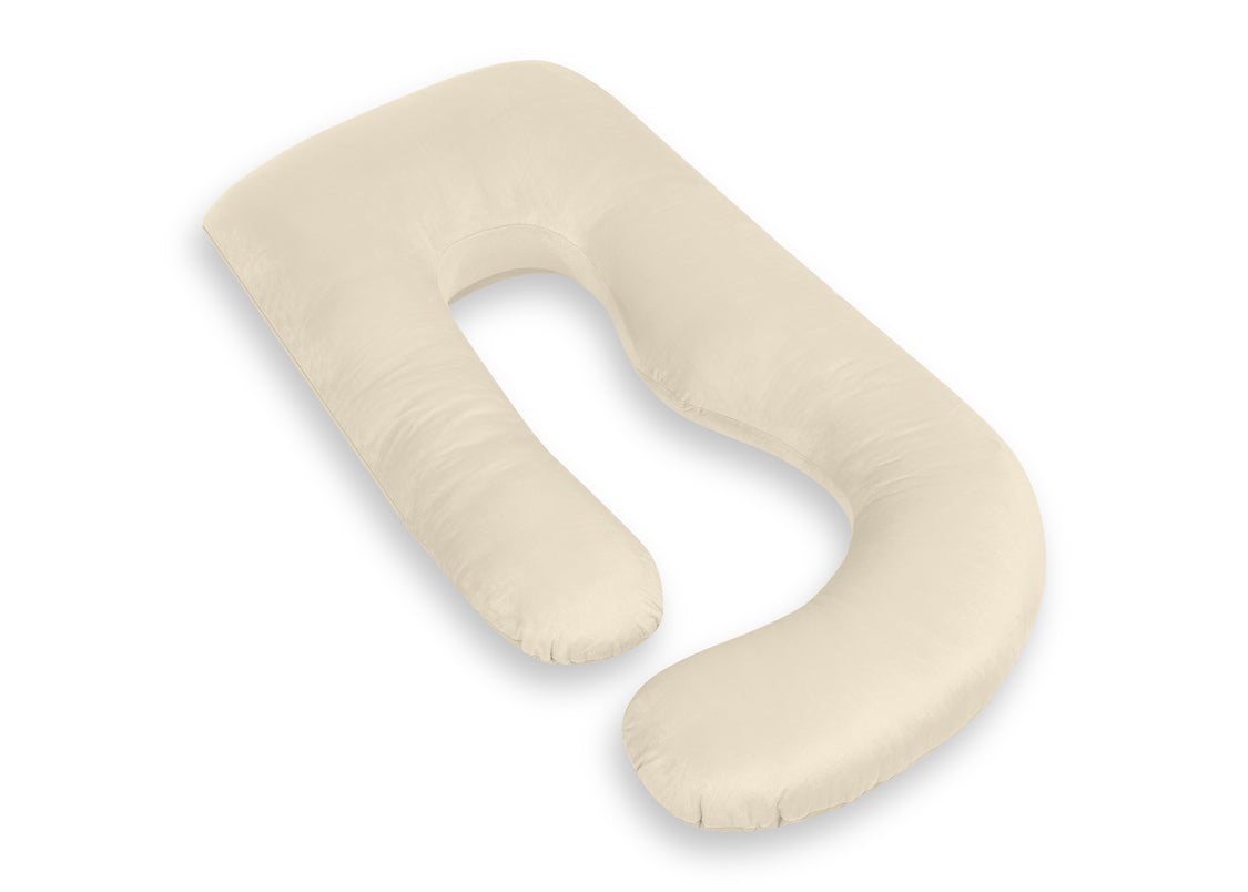 A U-shaped nursing pillow in a light cream or beige color, shown on a plain white background.