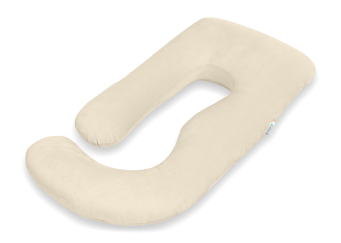A U-shaped maternity support pillow in a soft cream or light beige fabric, shown on a clean white background.