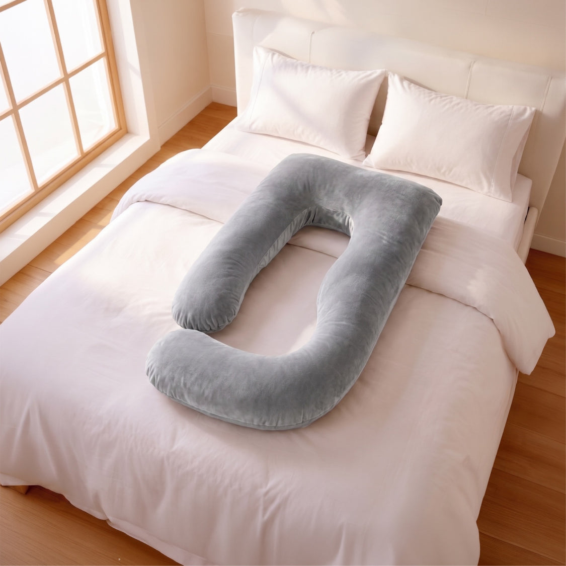 A U-shaped plush nursing pillow in a soft gray color, displayed on a neatly made bed with white bedding in a bright, sunlit bedroom.