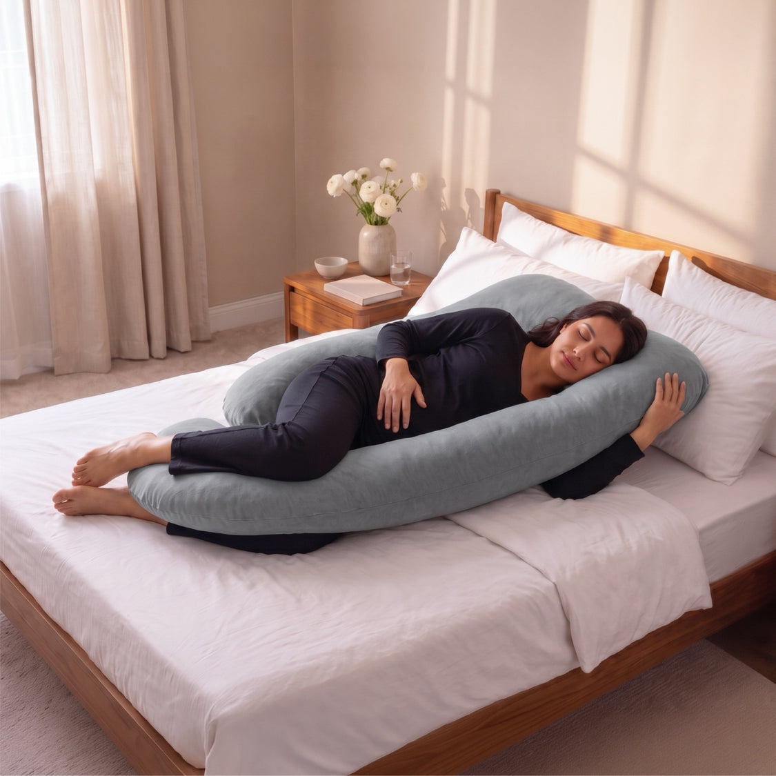 A woman lies on a bed using a large U-shaped maternity pillow in a softly lit bedroom. The pillow is light blue-gray and wraps around her body, with white bedding, a wooden bed frame, and a bedside table with flowers in the background.