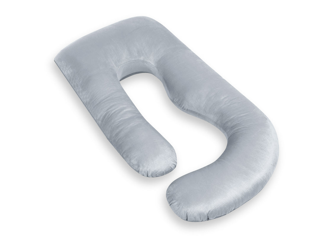 A light gray U-shaped nursing pillow with a plush, soft texture, shown on a clean white background.
