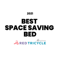 Text '2021 Best Space Saving Bed' with Red Tricycle logo on a white background