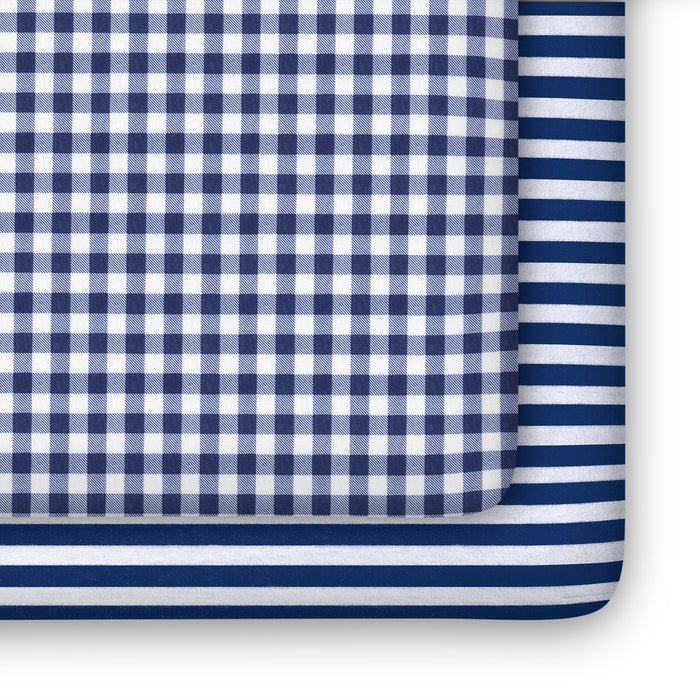 SA2038 3220 crib sheets 2PK navy stripe gingham silo 101 0-Blue Gingham Fitted Crib Sheets - 2 Pack