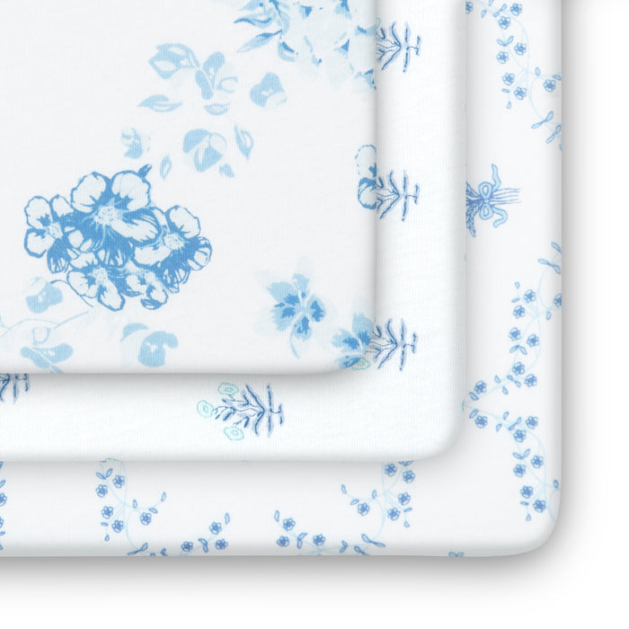 White fabric with blue floral pattern 3-100% Organic Cotton Fitted Crib Sheets - 3 Pack