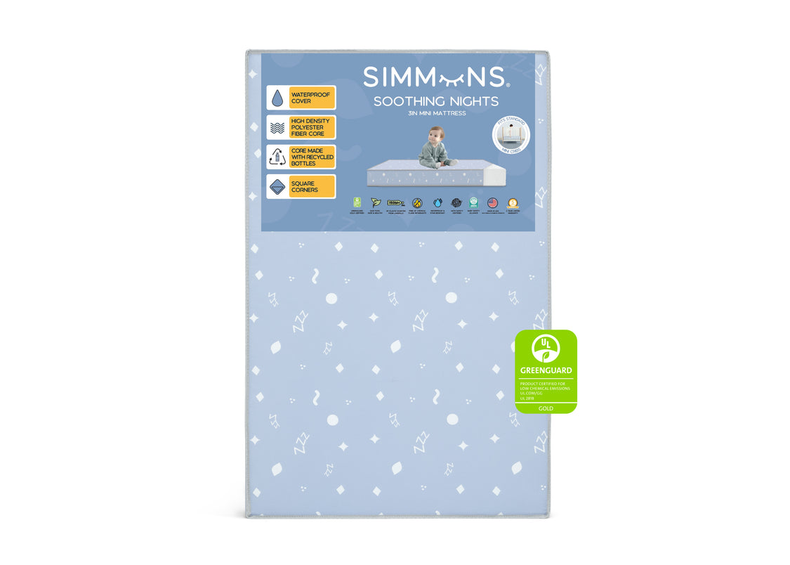 Simmons mattress topper packaging with product details on a light blue background
