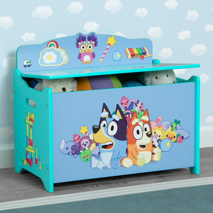 Toy storage box with cartoon characters on a light blue background 3-Bluey Deluxe Toy Box