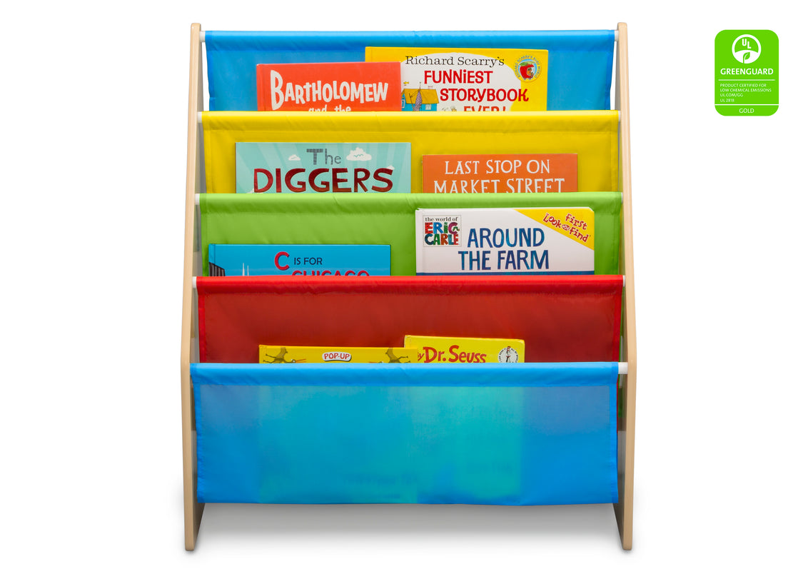 Delta Children Natural/Primary (1189) Sling Book Rack Bookshelf for Kids, Front Silo View with Props Natural and Primary Colors (1189)
