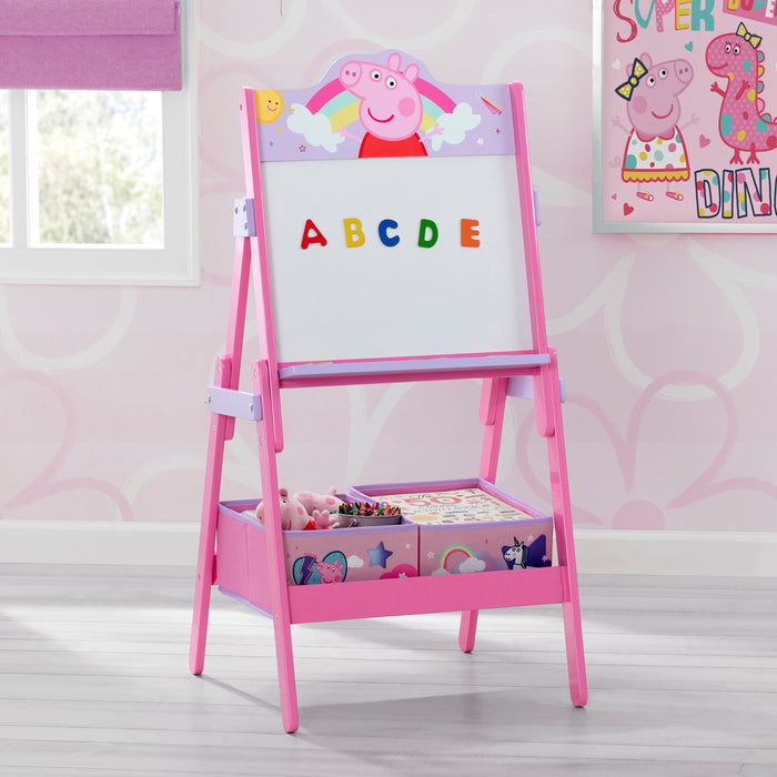 TE87543PG Pepper Whiteboard Easel Lifestyle 101 0-Peppa Pig Wooden Activity Easel with Storage