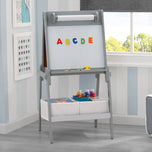 Chelsea Double-Sided Storage Easel with Paper Roll and Magnets | Dry Erase Surface & Chalkboard Surface - Light Grey and White (1176) - Accessories