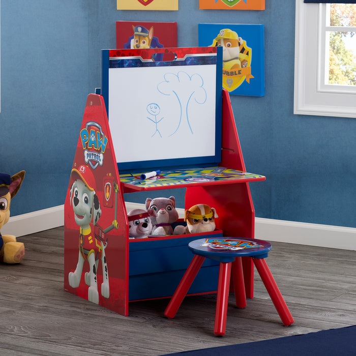 TE87595PW Paw Patrol Activity Center Easel Lifestyle 101 0-PAW Patrol Deluxe Kids Art Table - Easel, Desk, Stool, Toy Organizer