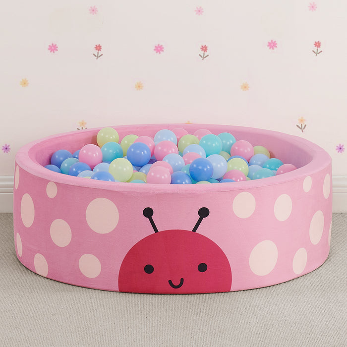 Pink ladybug-themed ball pit with colorful balls on a light gray floor. 3-Ladybug Soft Ball Pit with 50 Play Balls