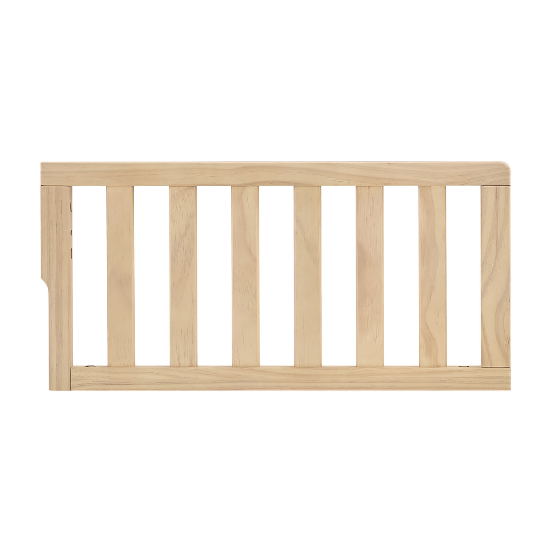 A light natural wood crib gate with vertical slats and a solid top and bottom rails, shown on a plain white background.
