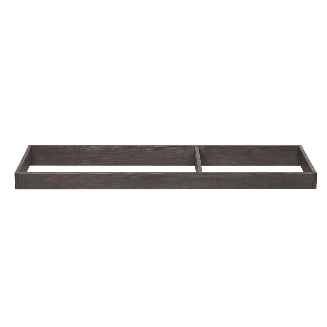 A brown wooden changing top designed to be attached to a dresser, featuring a smaller compartment and a felt bottom.
