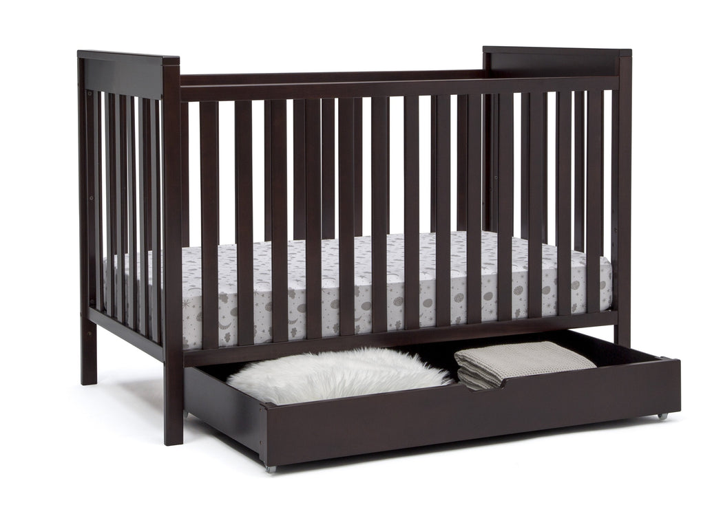 Delta Children Dark Chocolate (207) Under Crib Roll-Out Storage, Right Crib Silo View