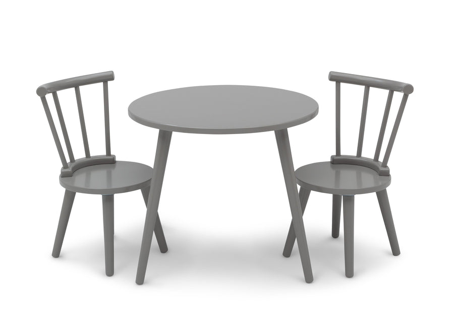 A three-piece children's dining set consisting of a round gray table and two matching spindle-back chairs, shown on a plain white background. 7-Homestead Table and Chair Set (2 Chairs Included)