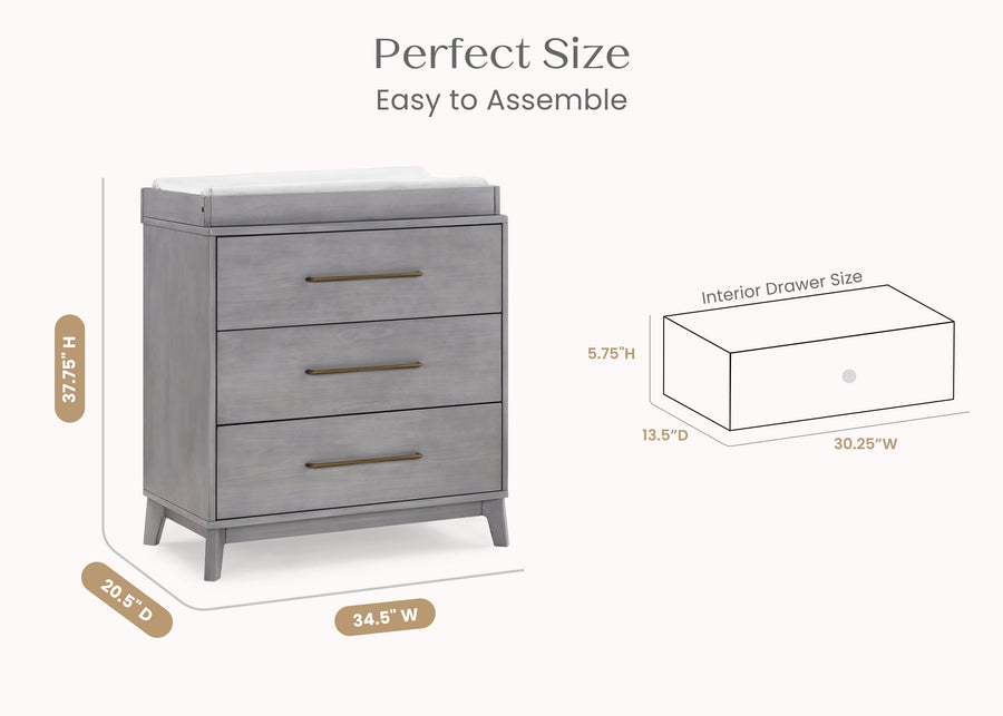 Steel Grey (1446) 19-Spencer 3 Drawer Dresser with Changing Top and Interlocking Drawers