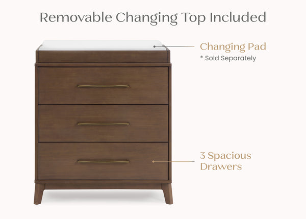 delta children teak brown dresser Spencer 3 Drawer Dresser with Changing Top and Interlocking Drawers