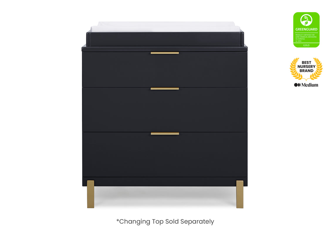 Black dresser with gold handles on a white background