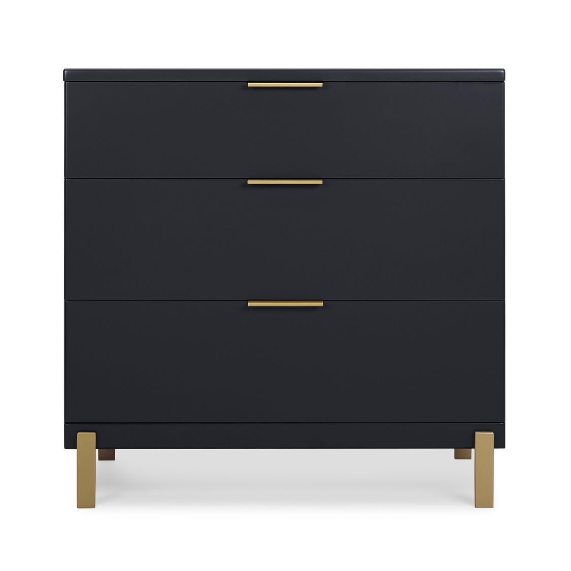 Black dresser with gold handles and legs on a white background