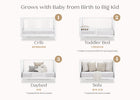Stages of a multi-functional piece of furniture from crib to sofa, with text indicating growth stages. 15-Dylan 4-in-1 Convertible Crib
