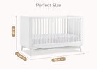 White crib with dimensions labeled on a white background 19-Dylan 4-in-1 Convertible Crib