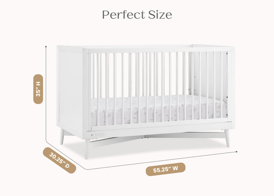 White crib with dimensions labeled on a white background 18-Dylan 4-in-1 Convertible Crib