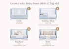 Stages of a multi-purpose furniture piece from crib to sofa, labeled with text indicating use from newborn to big kid. 31-Dylan 4-in-1 Convertible Crib