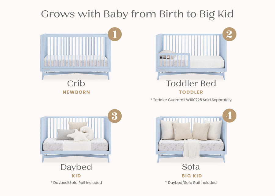 Stages of a multi-purpose furniture piece from crib to sofa, labeled with text indicating use from newborn to big kid. 31-Dylan 4-in-1 Convertible Crib