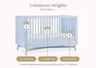 Diagram showing different mattress heights for a crib with measurements from newborn to when baby can stand up. 32-Dylan 4-in-1 Convertible Crib